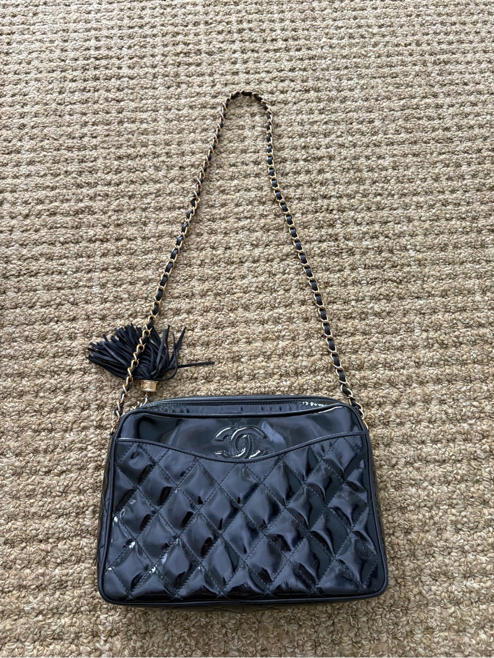 CHANEL Black Matelasse Quilted Patent Leather Shoulder Bag with Tassel Chain